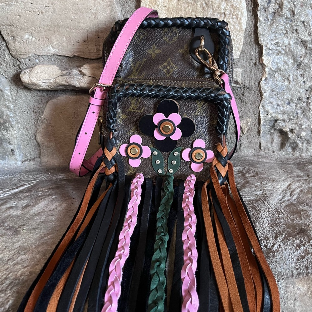 🖤🧡🩷Custom Vintage Floral Boho Fringe Louis Vuitton mini Amazone Crossbody 🩷🧡🖤